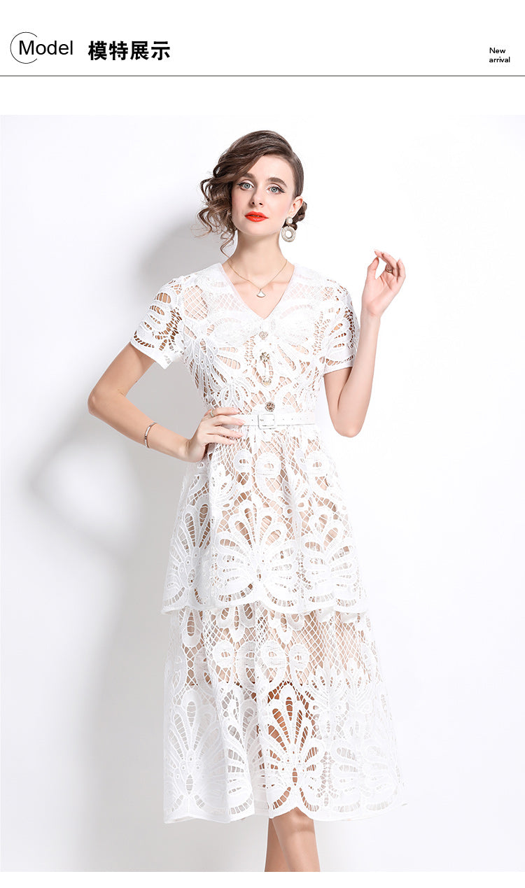 Original Design: Spring/Summer French Luxury Water soluble Embroidered Medium length Skirt with V-neck and Waist cinching to Look Thin Dress