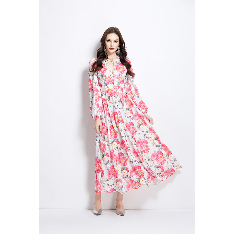 Original Design Spring/Summer Watercolor Flower Long Sleeve Retro Long Dress