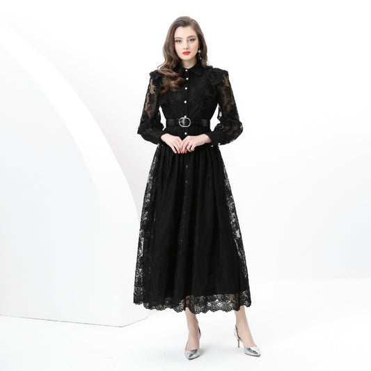 Original design: spring, summer, autumn resort, lapel, embroidered lace, balloon sleeve lace, long vintage dress