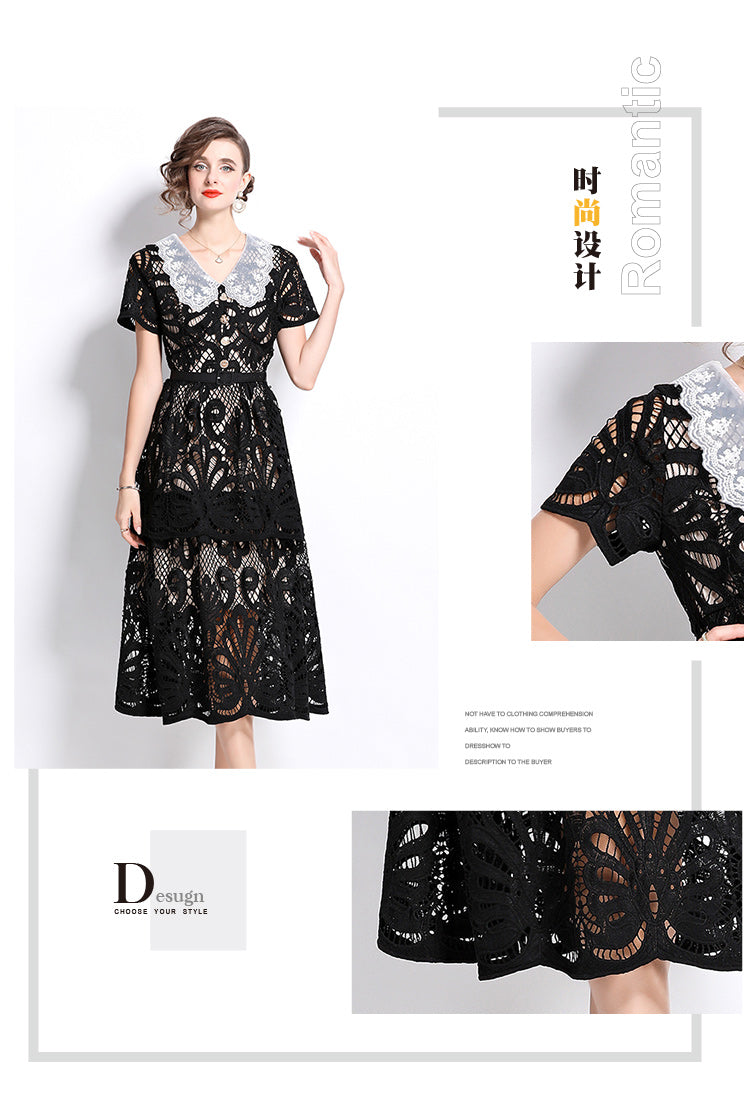 Original Design: Spring and Summer High End Water soluble Embroidered Medium length Skirt with V-neck and Waist cinching to Look Thin Dress