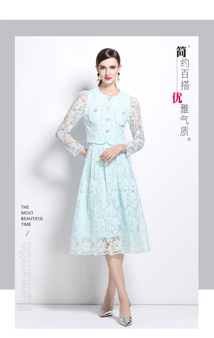 Original design for spring and summer long sleeved small fragrance style set light luxury temperament water-soluble lace skirt two-piece set