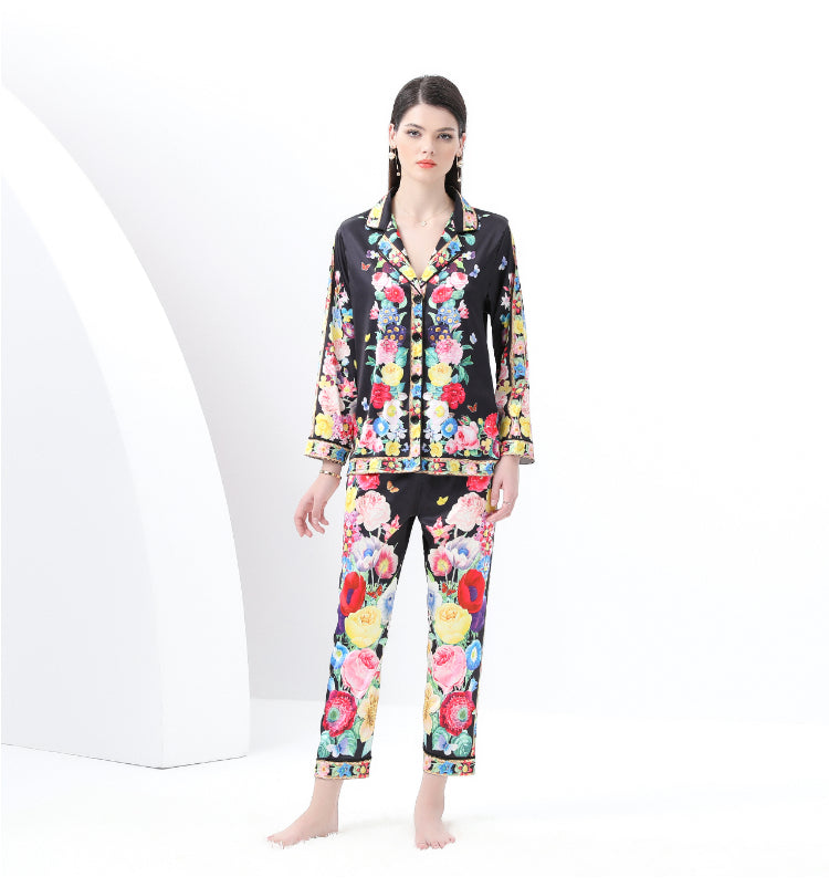 Original design spring/summer-autumn - casual trim pajama suit set with a suit collar long sleeves trousers print 2-piece set