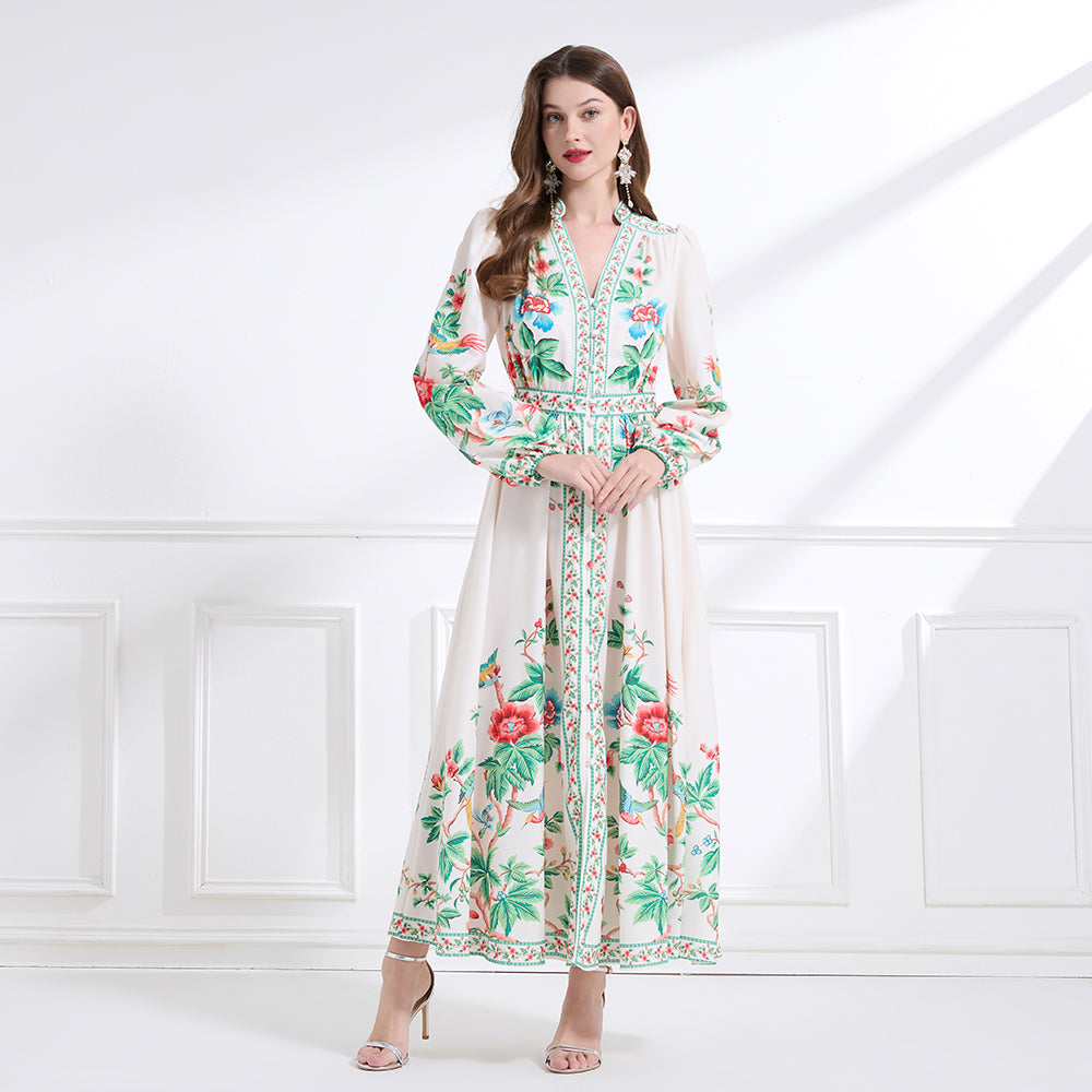 Original design Spring/summer resort-style V-neck, linen, floral, printed, balloon-sleeved, waist-cinching, ruffled maxi skirt