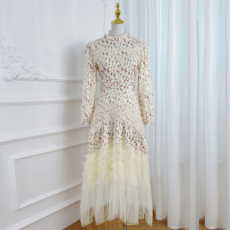Original Design Heavy Industry Boutique Printed Splicing Mesh Wooden Ear French Palace Style Dress