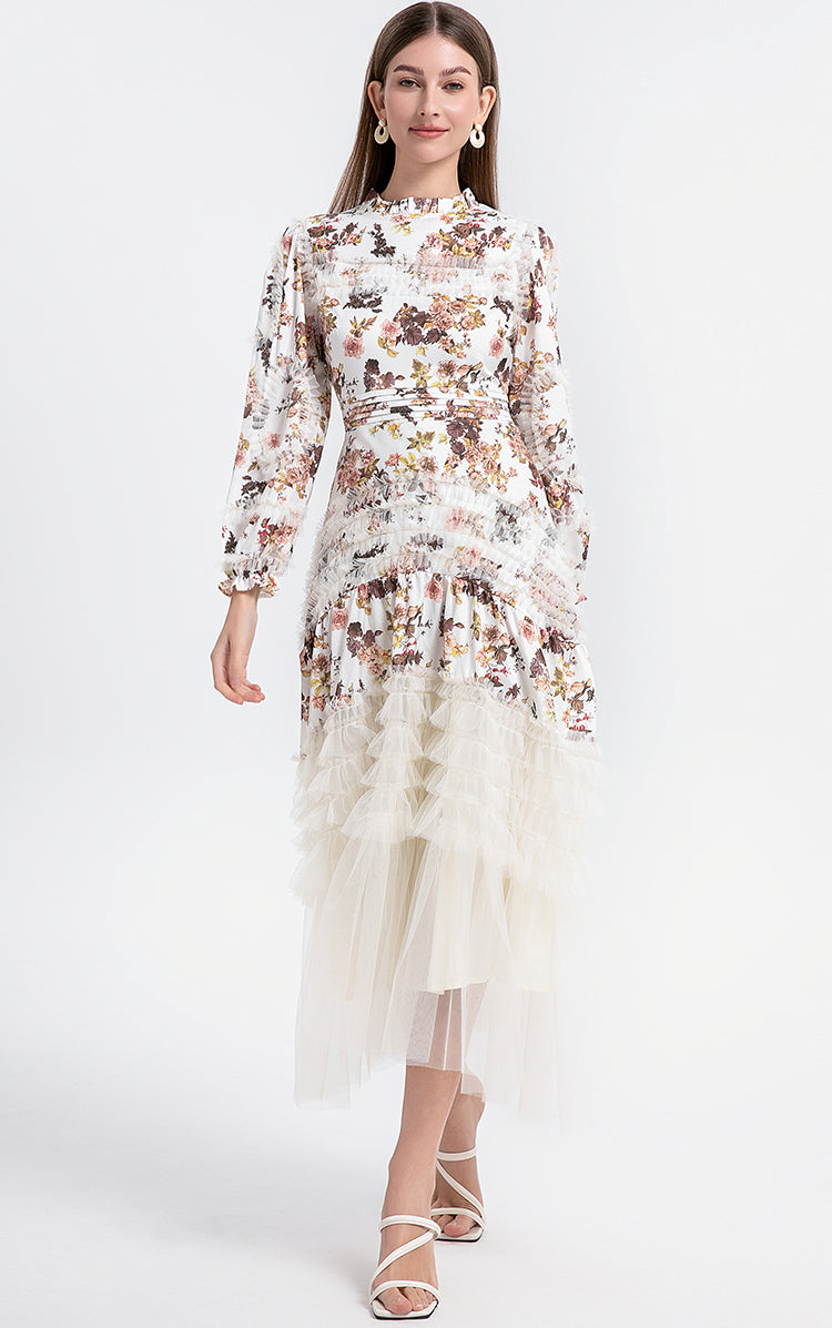 Artwork boutique print patchwork mesh fungus trimmed French court-style women's dress