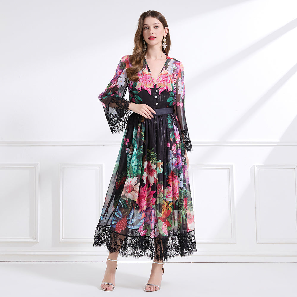 Original design Spring/summer resort V-neck lace print suit with waist ruffle maxi dress
