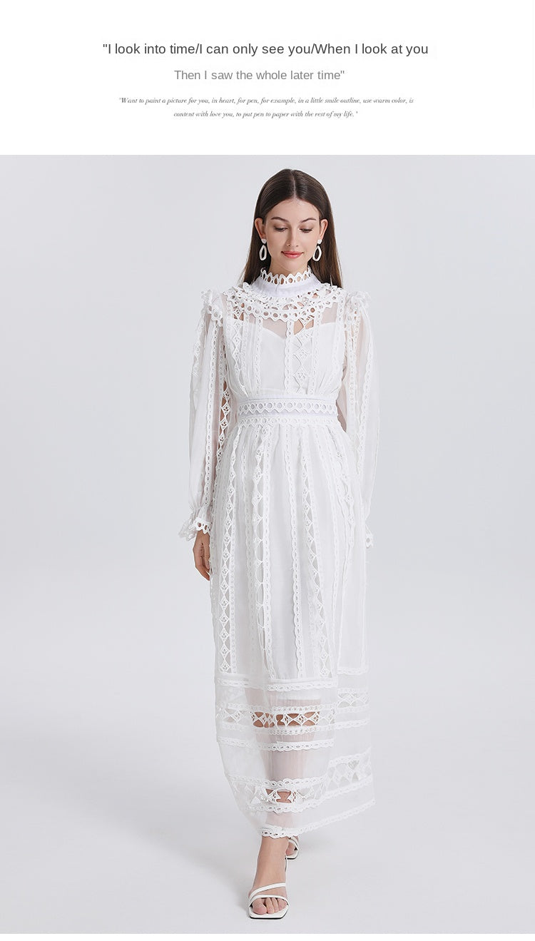 Art cut-out embroidered solid color French maxi skirt waist temperament women's dress