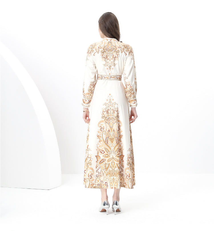 Original design: Spring, Summer, Autumn, resort style, vintage stand-up collar, single-breasted, lace panel, printed wide hem maxi dress