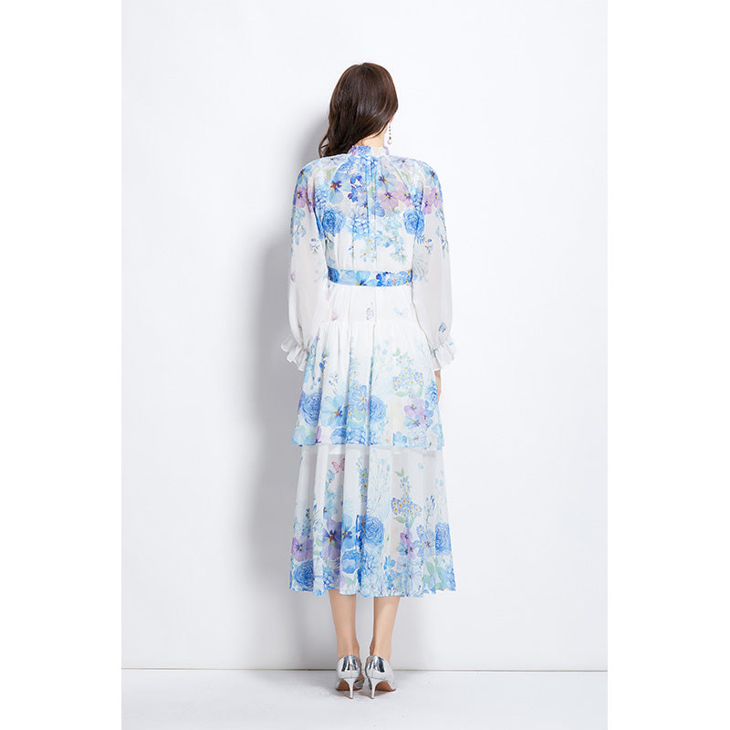Original design summer/spring/autumn vacation long sleeved ruffled hem waist cinched black fungus collar cake dress