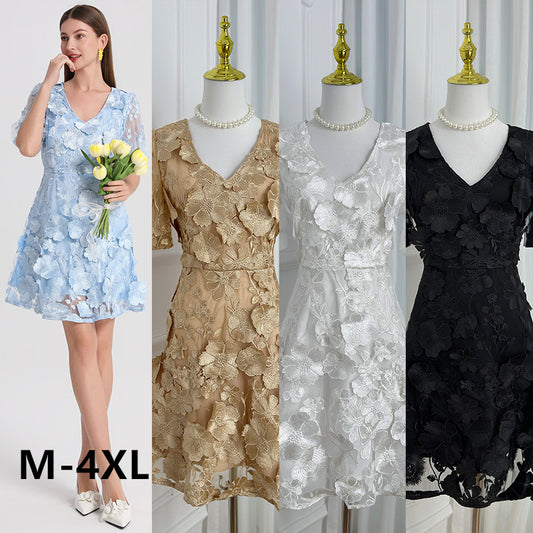 Artwork boutique handmade three-dimensional embroidered French solid color hem VL neck puff sleeve dress