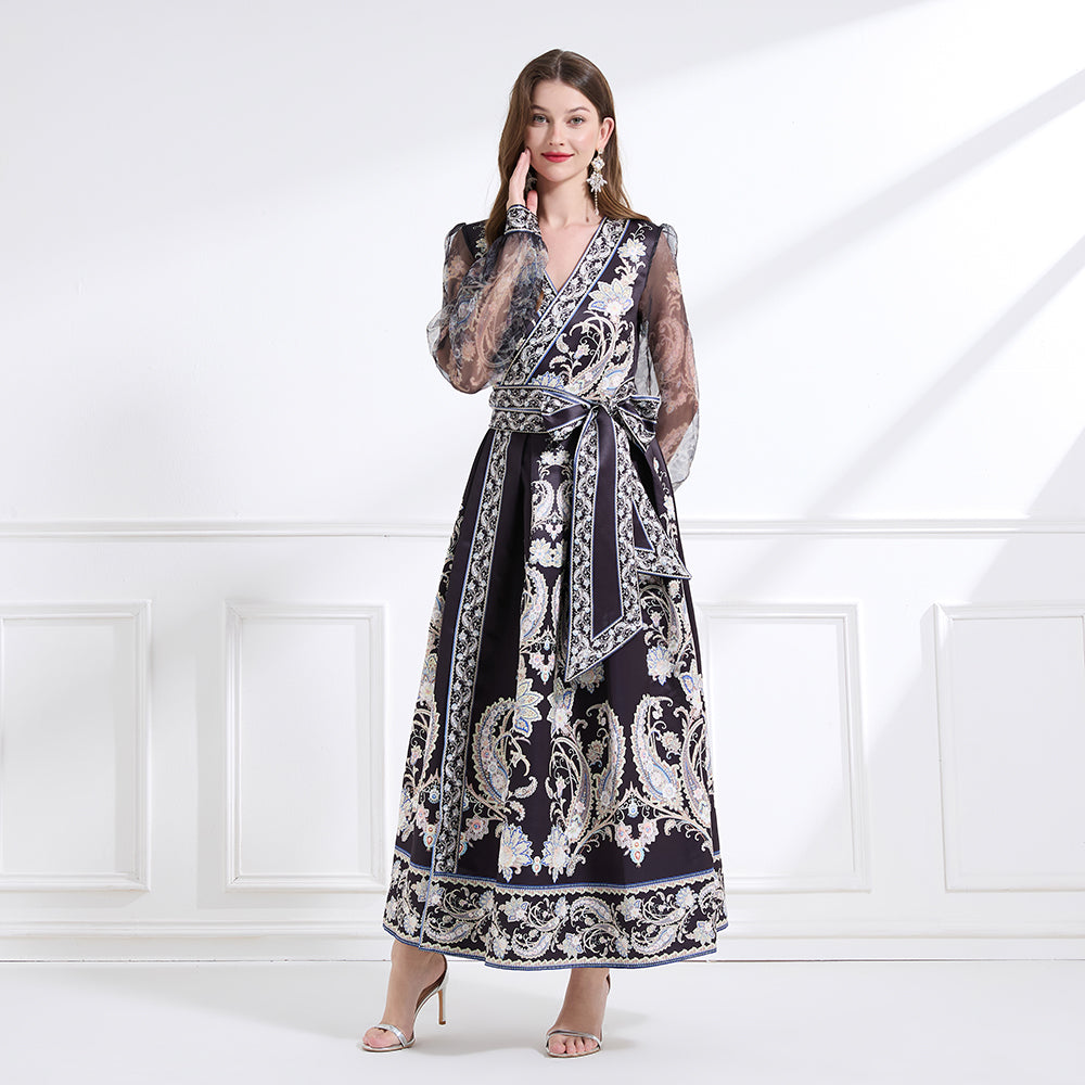 Original design - spring/summer resort-style lace-up wrap skirt, balloon sleeves, cross collar print, wide hem ruffle skirt