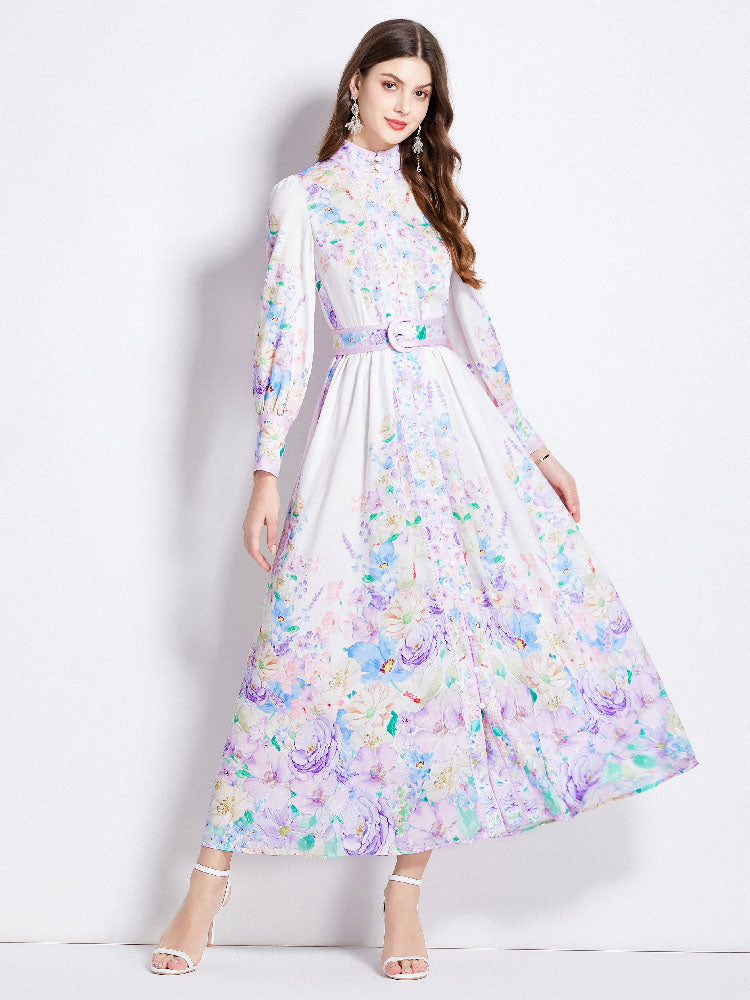 Original Design Spring/Summer Autumn Vacation New Flower Oil Painting Style Stand up Collar Long Dress