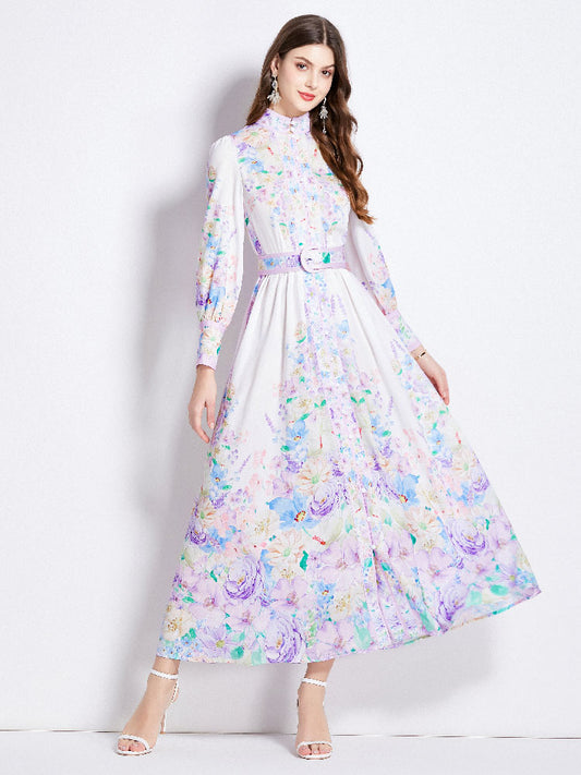 Original Design Spring/Summer Autumn Vacation New Flower Oil Painting Style Stand up Collar Long Dress