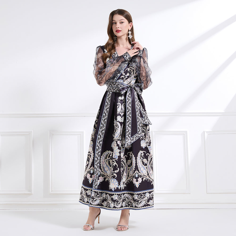 Original design - spring/summer resort-style lace-up wrap skirt, balloon sleeves, cross collar print, wide hem ruffle skirt