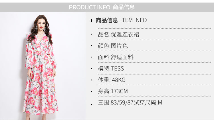 Original Design Spring/Summer Watercolor Flower Long Sleeve Retro Long Dress