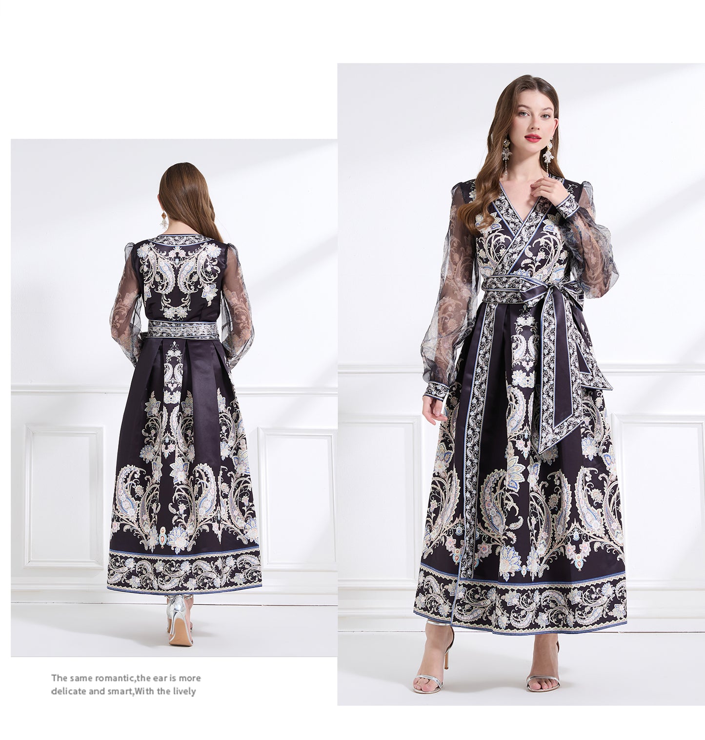 Original design - spring/summer resort-style lace-up wrap skirt, balloon sleeves, cross collar print, wide hem ruffle skirt