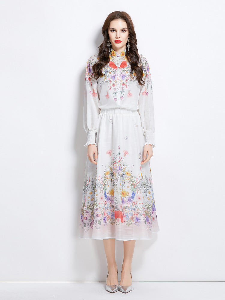 Original Design Spring/Summer/Autumn Vacation Oil Painting Flower Shirt Top Folding Mid length Skirt Set