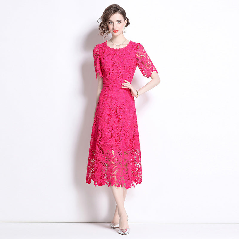 Original design temperament short sleeved skirt slim fit waist cinching heavy industry water-soluble lace dress for women
