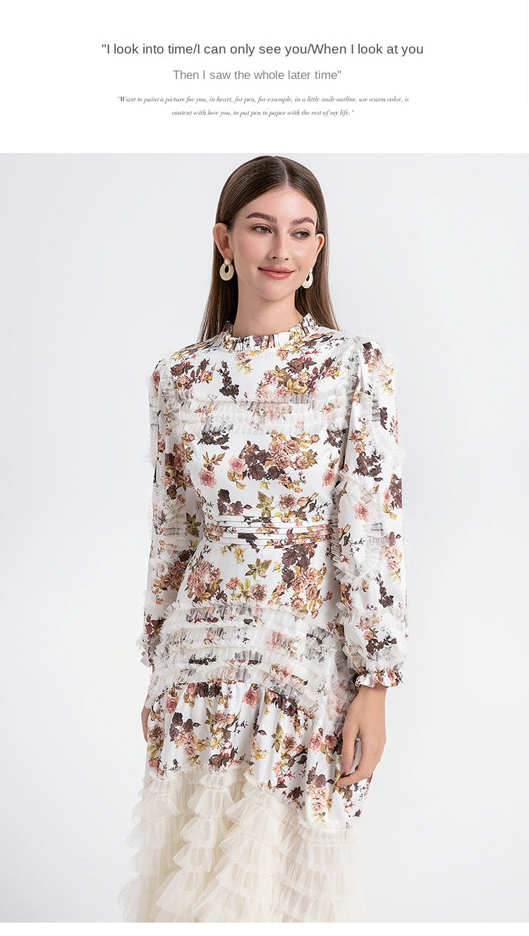 Artwork boutique print patchwork mesh fungus trimmed French court-style women's dress