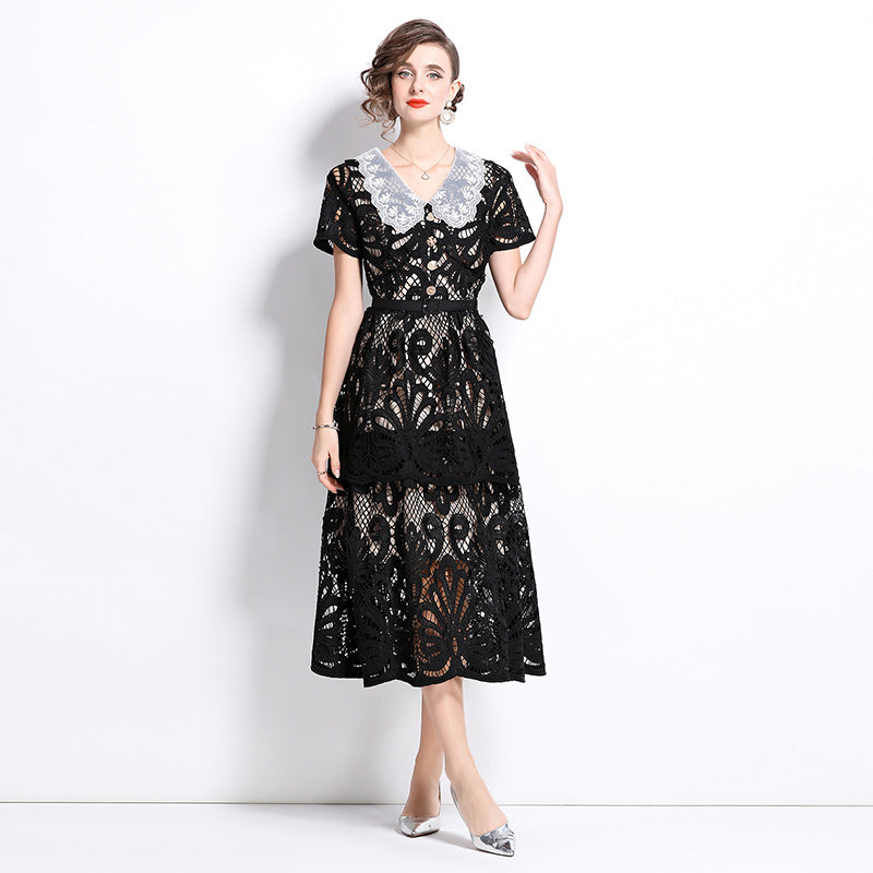 Original Design: Spring and Summer High End Water soluble Embroidered Medium length Skirt with V-neck and Waist cinching to Look Thin Dress