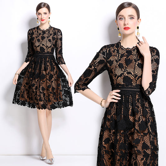 Original design mid long sleeved fashionable slimming hollow out water-soluble lace positioning mid length dress