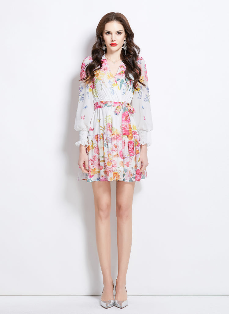 Original Design Spring/Summer Vacation New Flower Oil Painting Style V-neck Short Dress