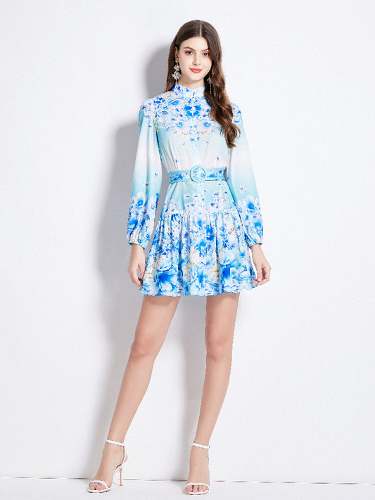 Original Design Spring/Summer Autumn Vacation New Flower Oil Painting Style Stand up Collar Long Dress