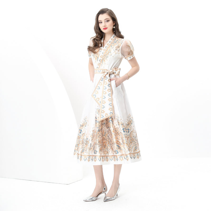 Spring/summer wrap tie style V-neck balloon sleeve long vintage print dress
