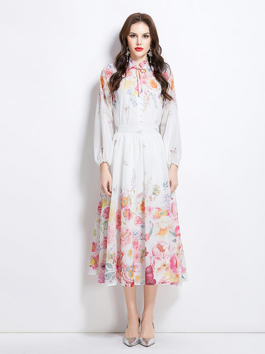 Original Design Spring Summer Autumn Vacation Lantern Sleeve Chiffon Shirt High Waist Half Skirt 2 Piece Set