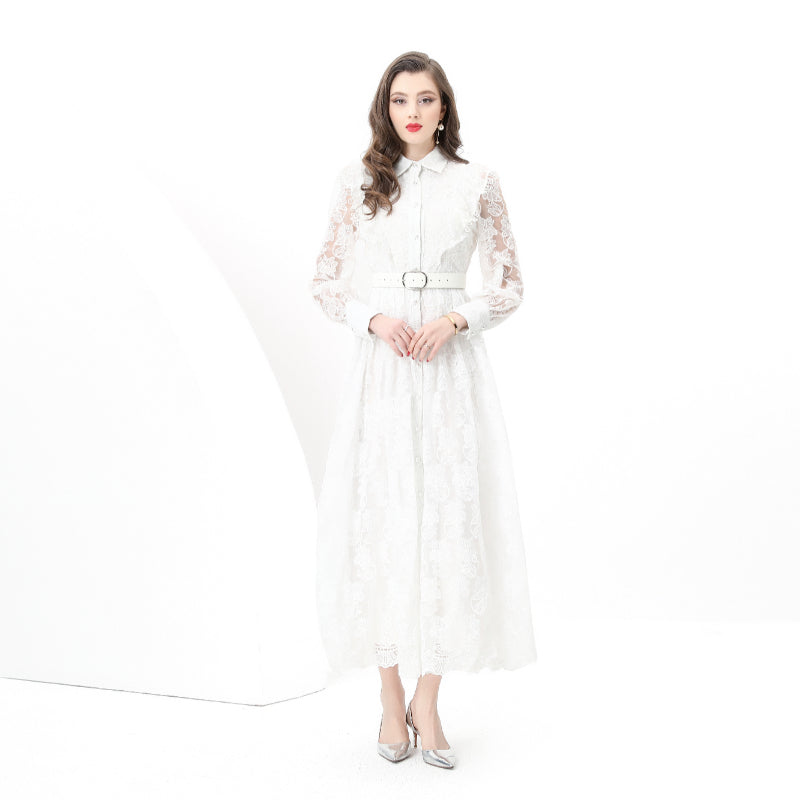 Original design: Spring, Summer, Autumn, Vacation lapel style, embroidered lace, balloon sleeves, lace, long vintage dress