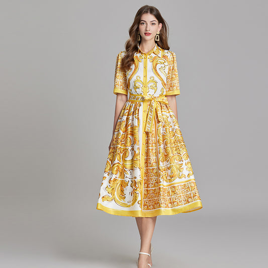 Original Design Spring/Summer Positioning Printed Collar Strap Waist Shirt Dress Large Swing A-line Skirt