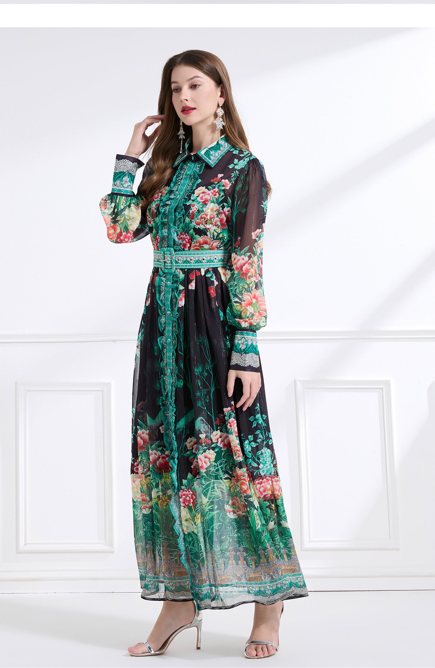 Original design - Spring/Summer, Autumn chiffon shirt collar print, long sleeves, cinched waist, ruffled maxi skirt