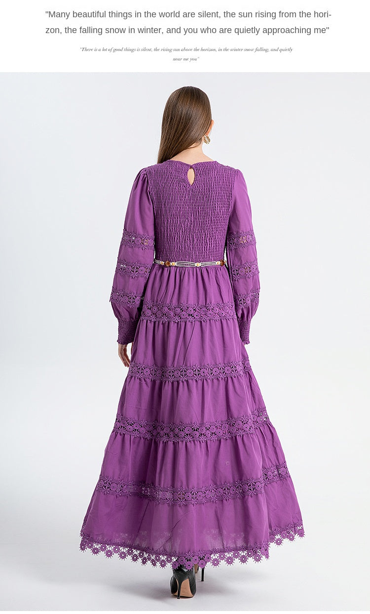 The French vintage maxi skirt is cut-out and laced in a solid color, cinching the waist and showing a slim round neck, lace panels