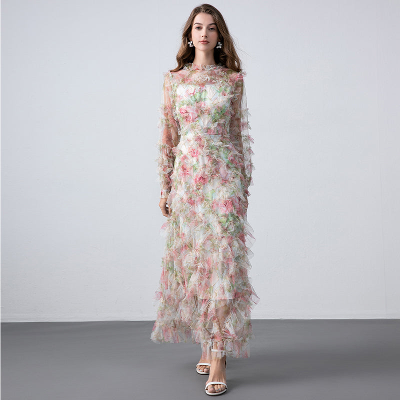 Original design boutique heavy industry romantic fairy temperament printed fungus edge French dress