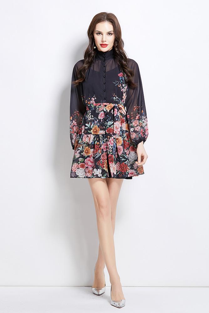Original design for spring and summer vacation, new floral oil painting style stand up collar short dress