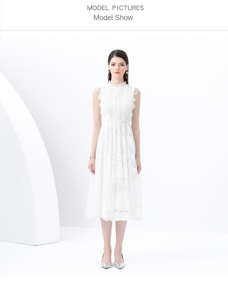 Original design: Spring, Summer, Autumn, Vacation, round neck, smocked style, lace, sleeveless, lace, long vintage dress