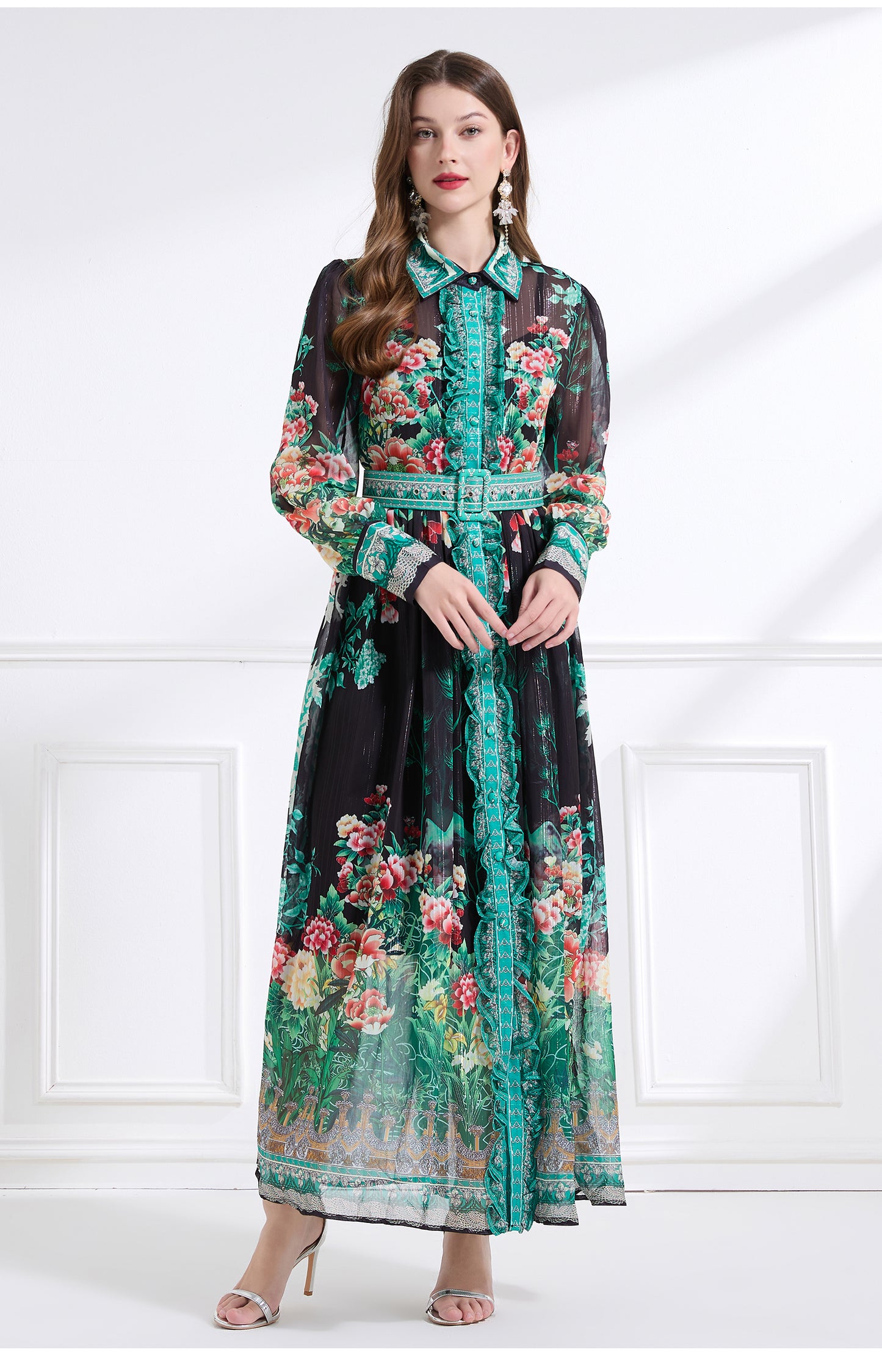 Original design - Spring/Summer, Autumn chiffon shirt collar print, long sleeves, cinched waist, ruffled maxi skirt