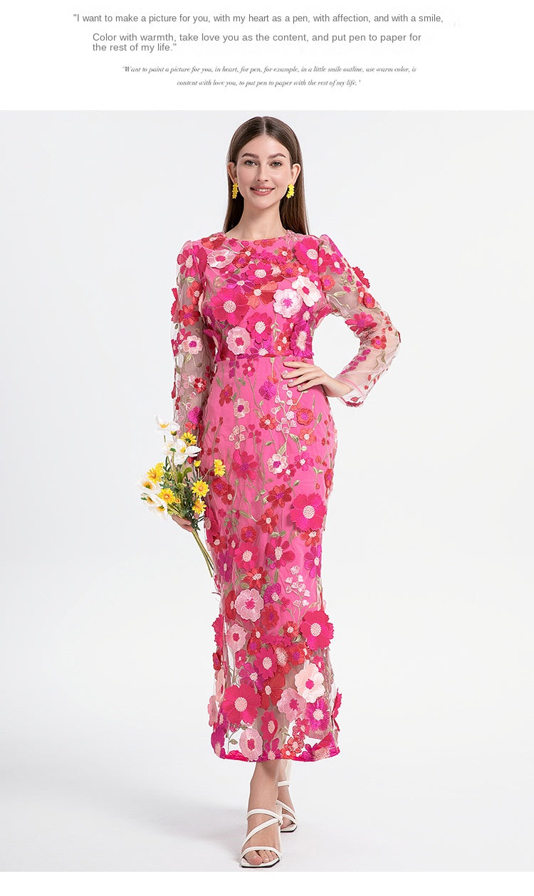 Fine art boutique color embroidery handmade three-dimensional flower slim mermaid skirt temperament women's dress