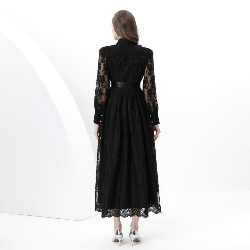Original design: spring, summer, autumn resort, lapel, embroidered lace, balloon sleeve lace, long vintage dress