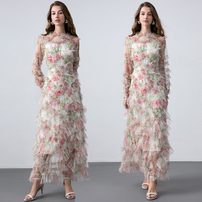 Original design boutique heavy industry romantic fairy temperament printed fungus edge French dress