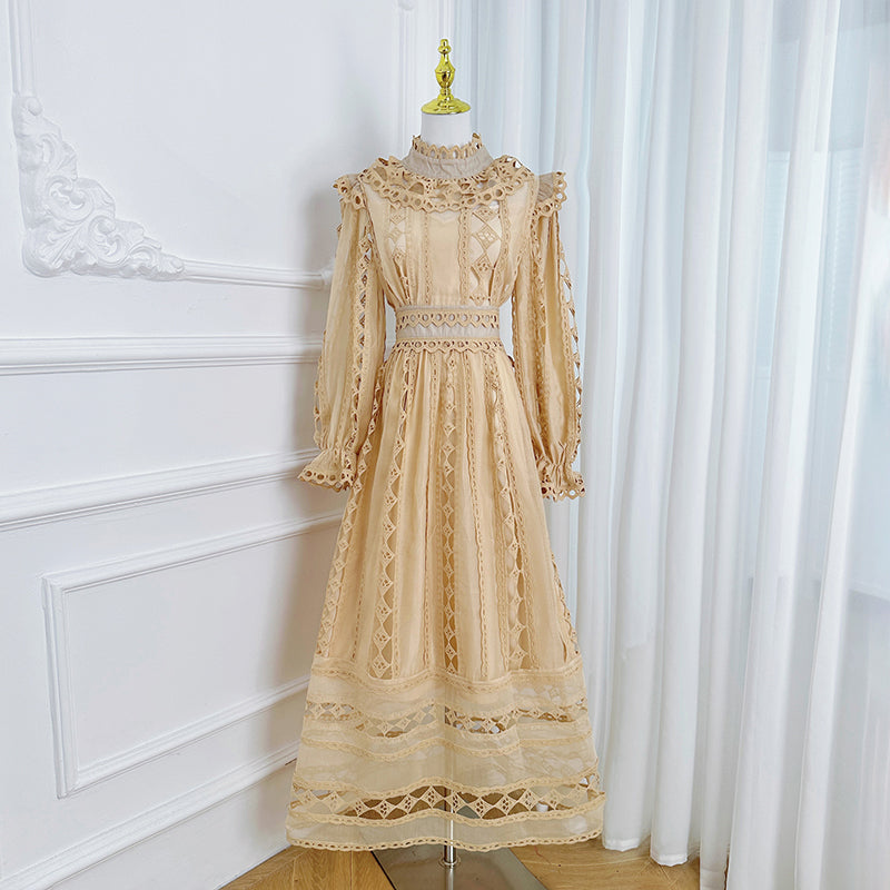 Art cut-out embroidered solid color French maxi skirt waist temperament women's dress