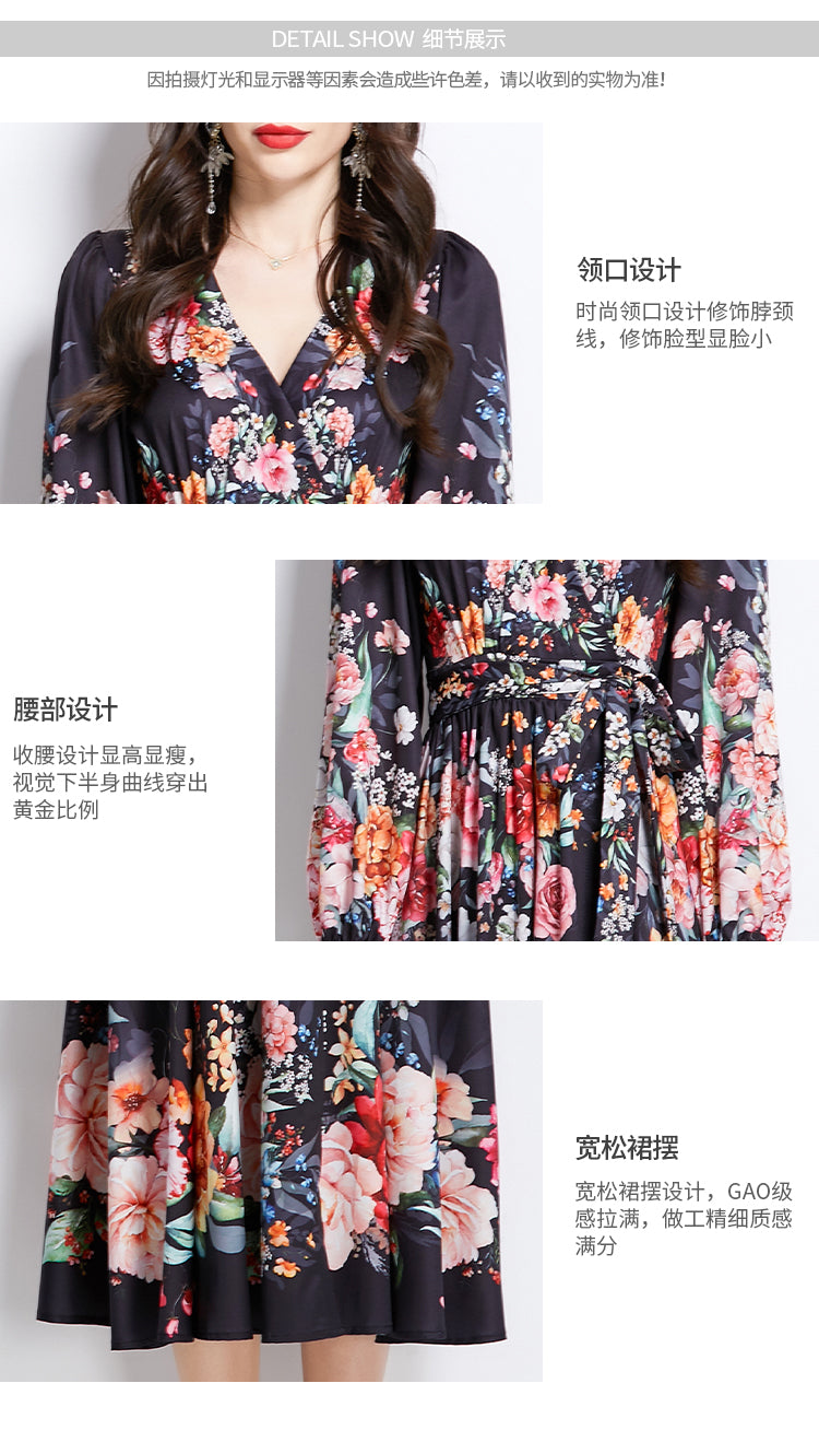 Original Design Spring/Summer Oil Painting Flower Pattern Wrapped Mid length Dress