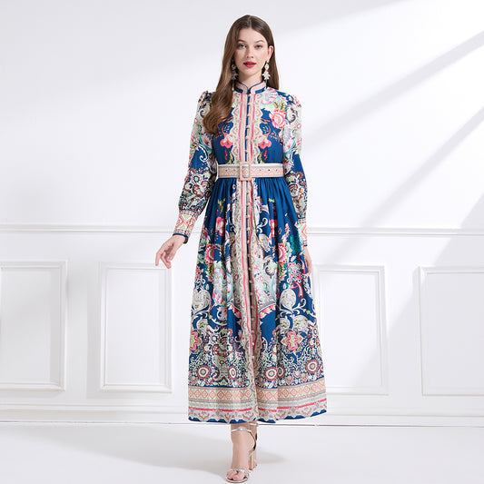 Original design - Spring, Summer, Autumn court style stand collar vintage print balloon sleeve ruffled maxi dress