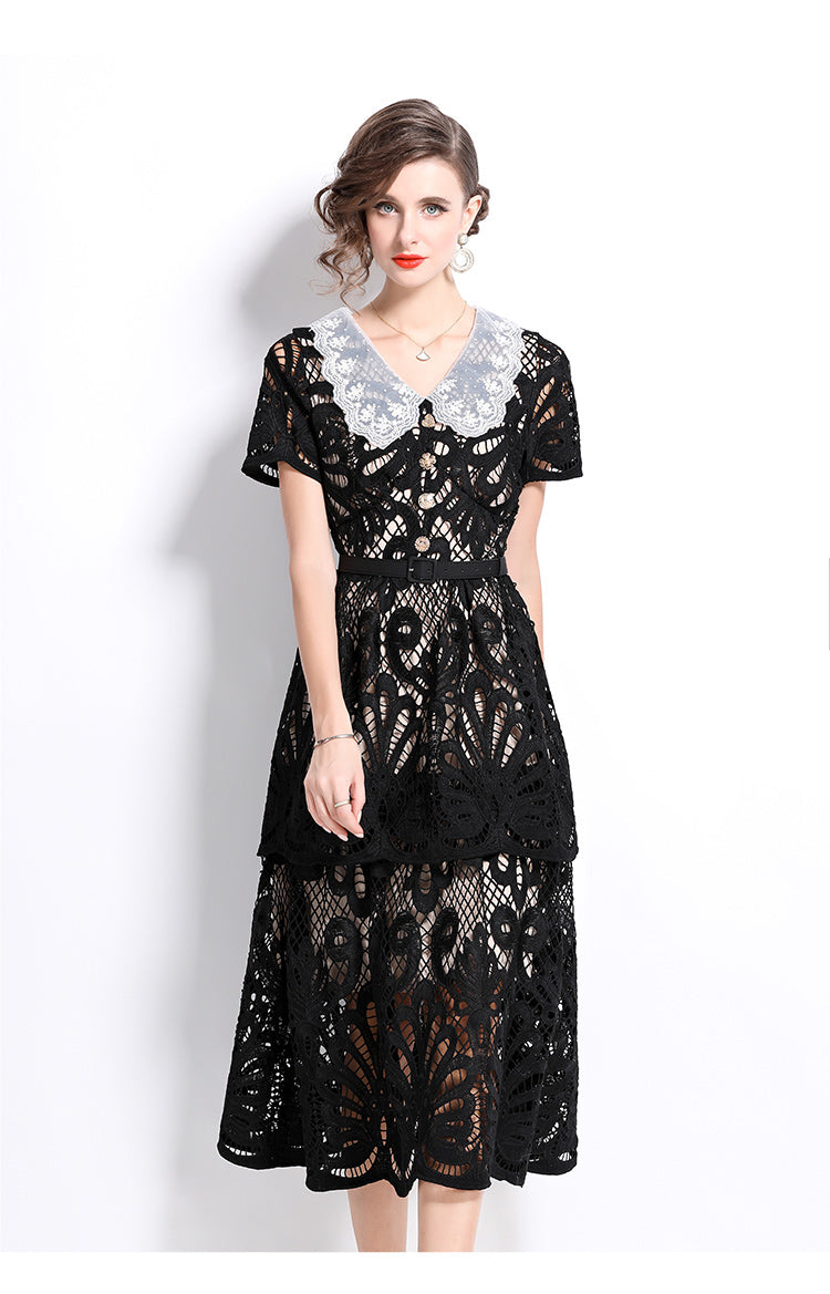 Original Design: Spring and Summer High End Water soluble Embroidered Medium length Skirt with V-neck and Waist cinching to Look Thin Dress