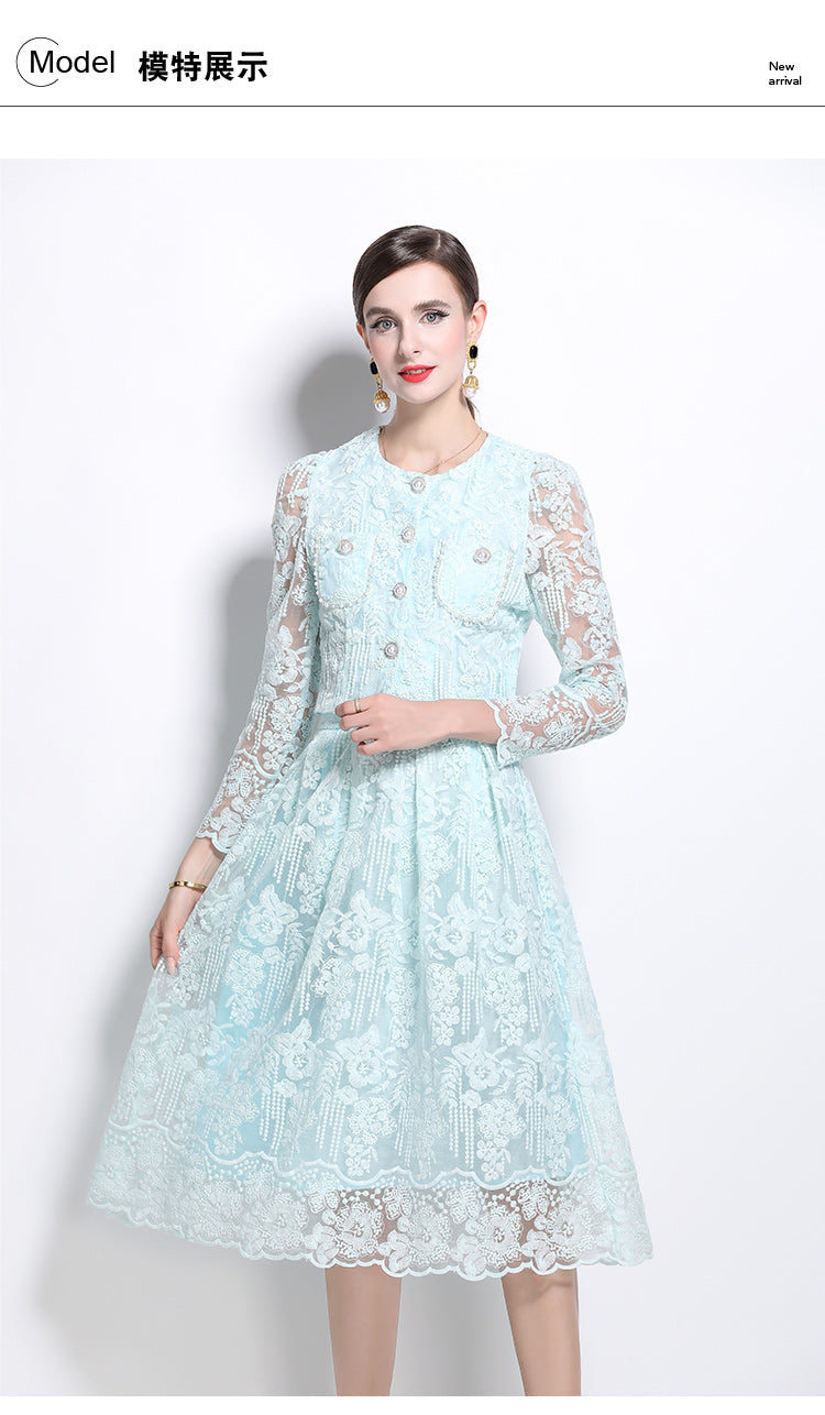 Original design for spring and summer long sleeved small fragrance style set light luxury temperament water-soluble lace skirt two-piece set