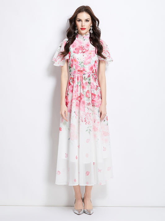 Original design for spring and summer small flying sleeves, ruffled edges, floral patterns, colorful waist cinched stand up collar dress