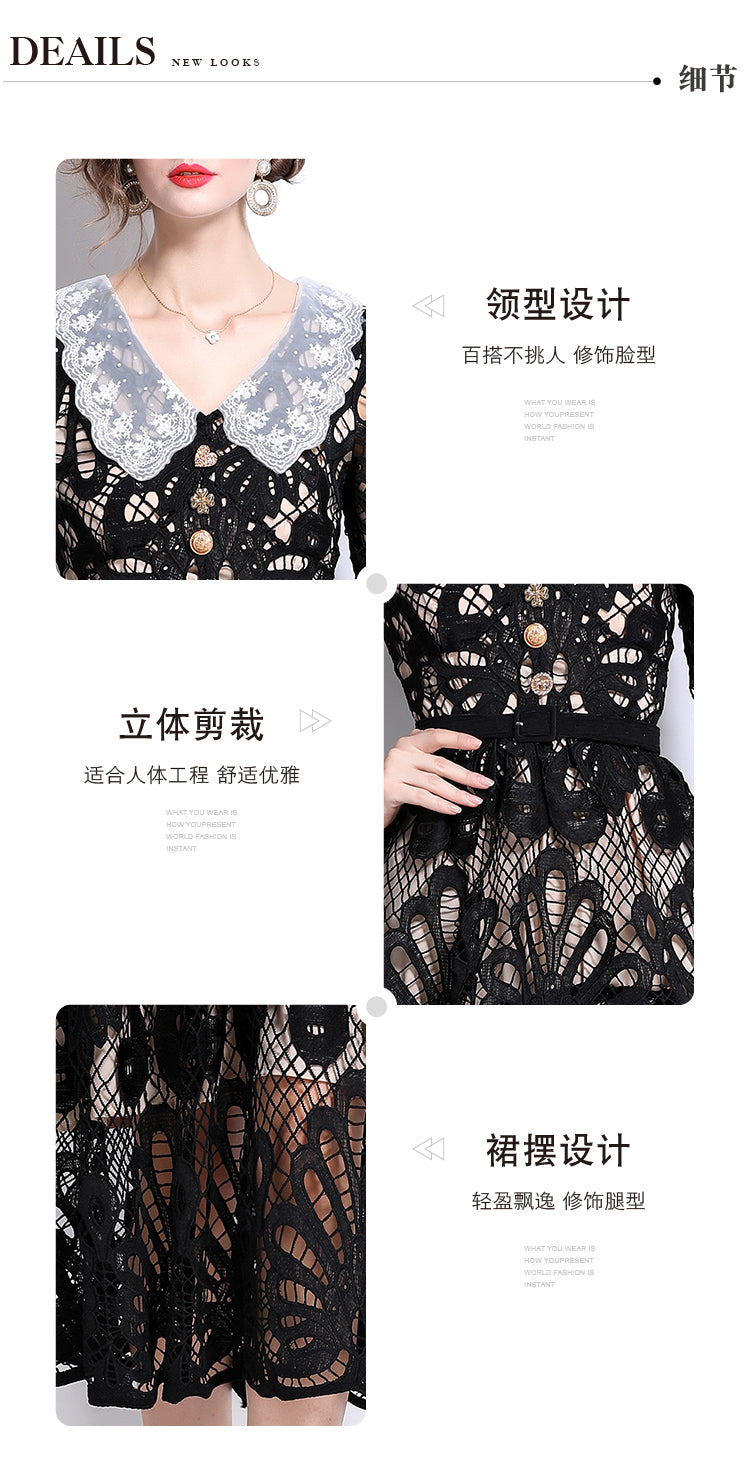 Original Design: Spring and Summer High End Water soluble Embroidered Medium length Skirt with V-neck and Waist cinching to Look Thin Dress