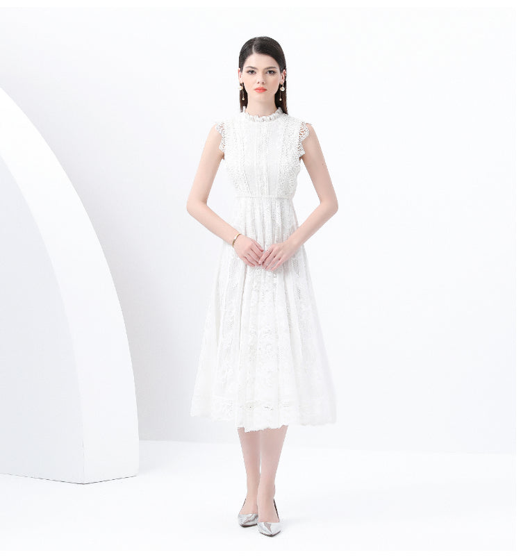 Original design: Spring, Summer, Autumn, Vacation, round neck, smocked style, lace, sleeveless, lace, long vintage dress