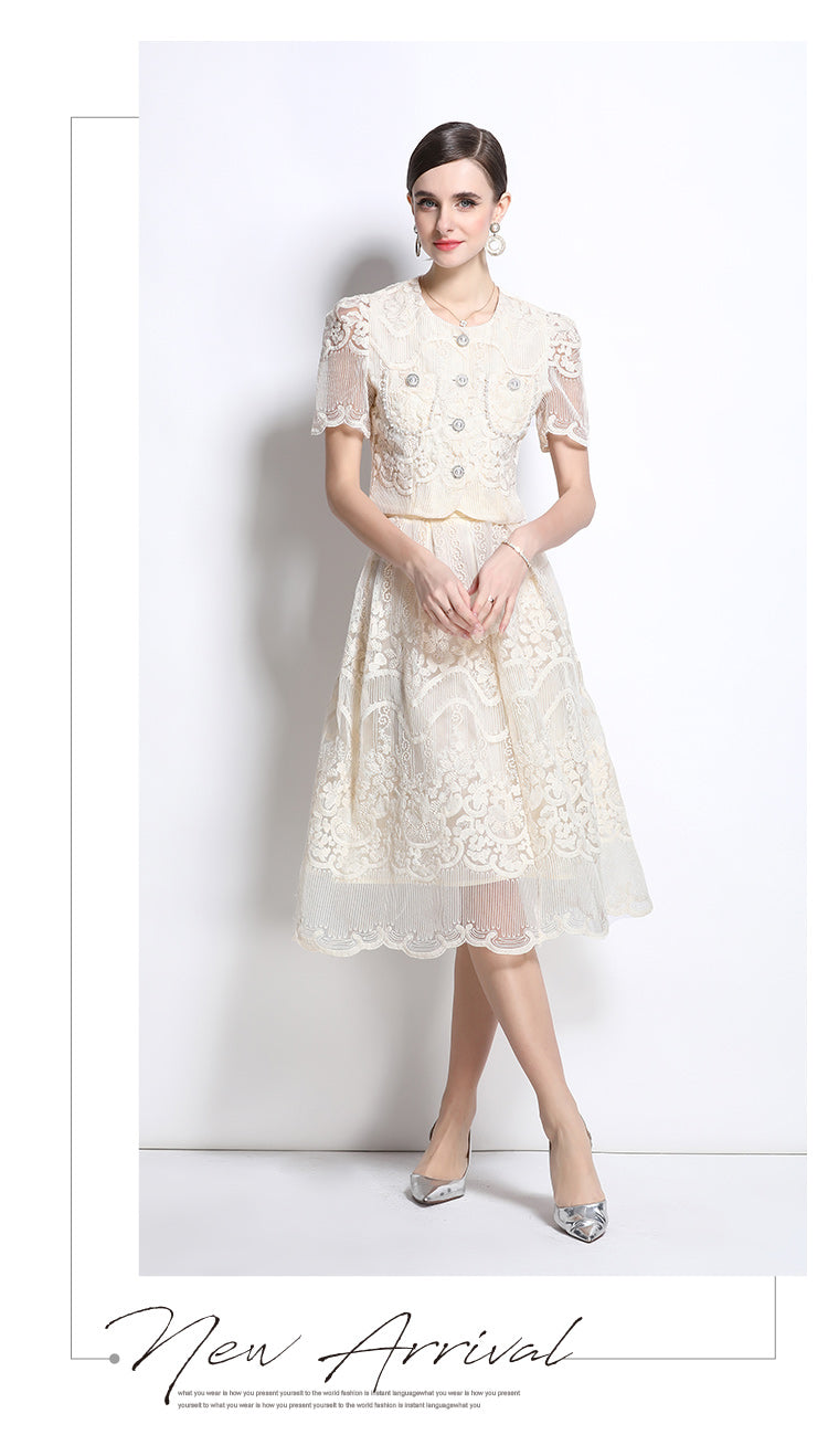 Original design for spring and summer small fragrance style set light luxury and high-end water-soluble lace skirt two-piece set