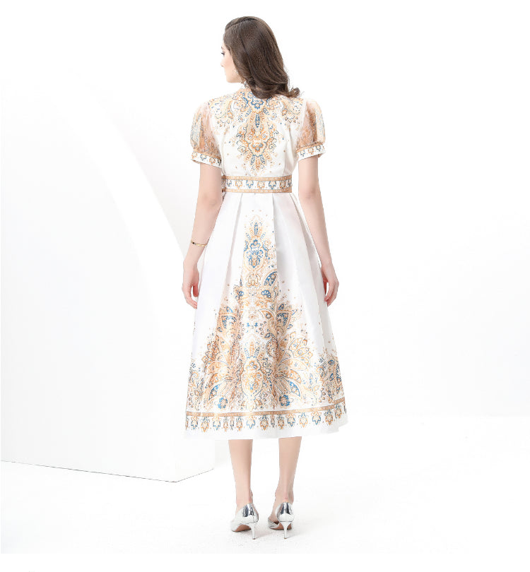 Spring/summer wrap tie style V-neck balloon sleeve long vintage print dress